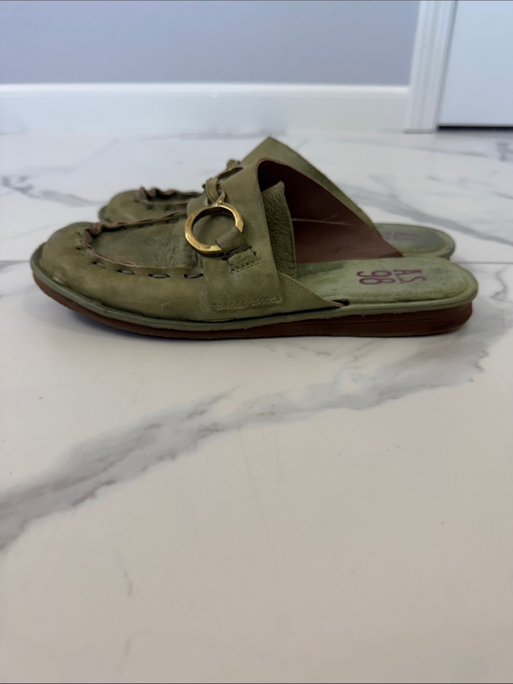 A.S.98 Olive Green Leather Mules with Gold Chain Accent - Picture 2 of 7